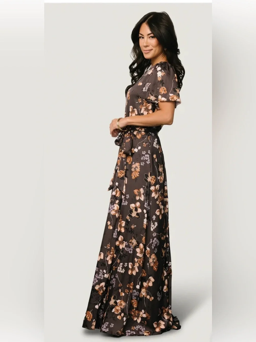 Baltic Borne Agnes satin maxi Floral Tie-Waist Maxi Dress in Dark Brown size s